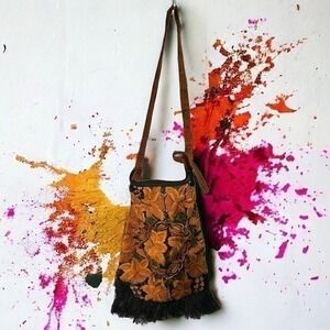 Embroidered Floral Fringe Crossbody Bag in Brown